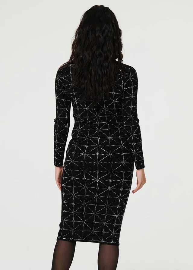 Izabel London Black Geo Diamante Detail Slim Knit Midi Dress