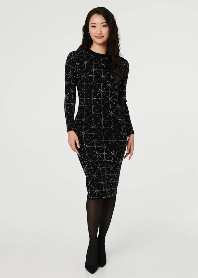 Izabel London Black Geo Diamante Detail Slim Knit Midi Dress