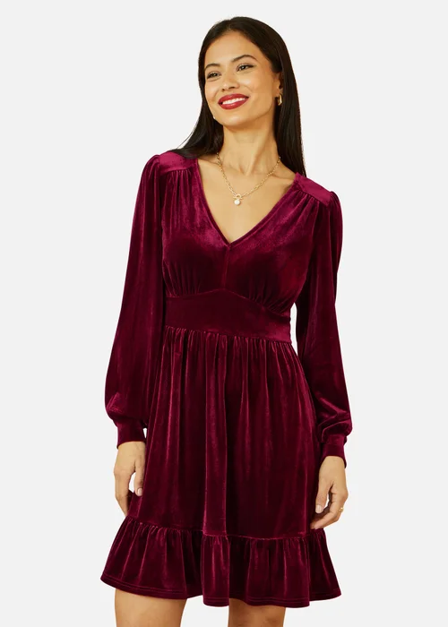 Yumi Burgundy Velvet Long Sleeve Skater Dress - 12 Image 2