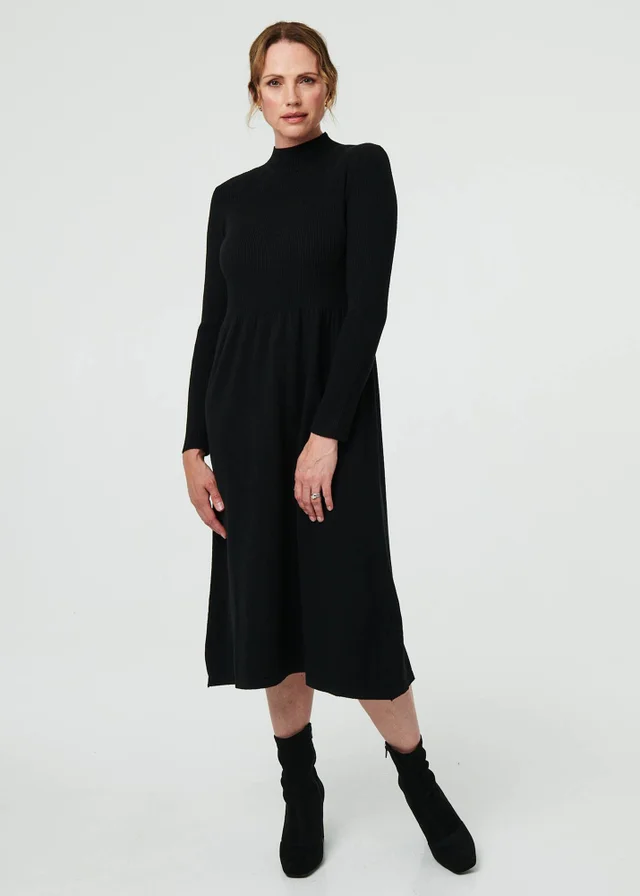 Izabel London Black Textured High Neck Midi Jumper Dress