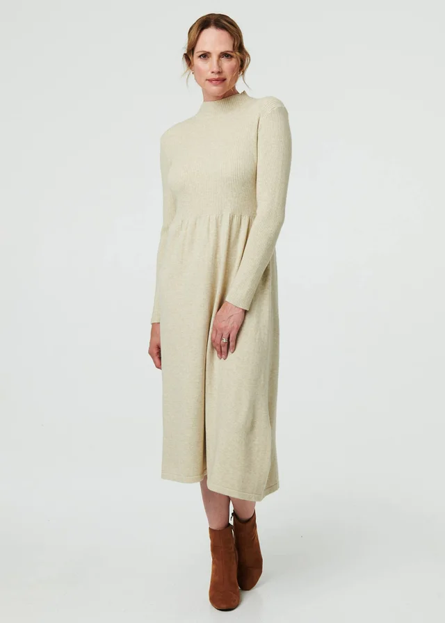 Izabel London Beige Textured High Neck Midi Jumper Dress