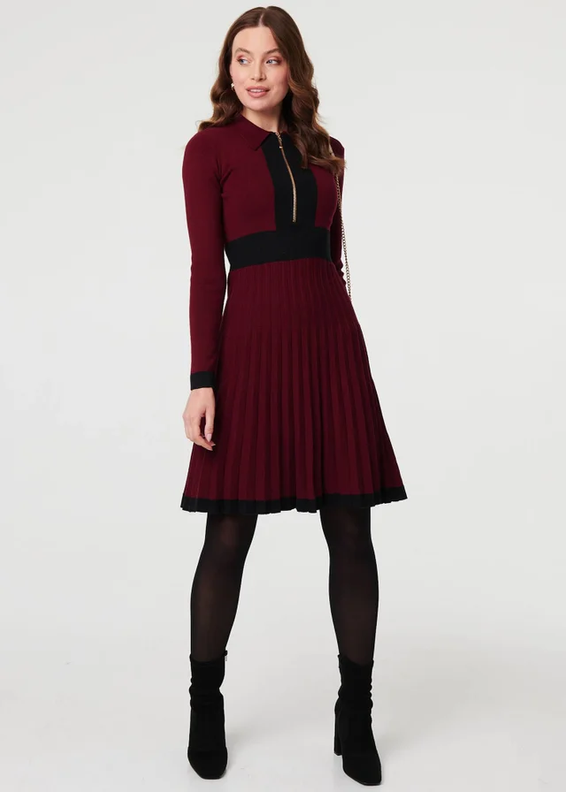 Izabel London Red Colour Block Zip Knit Knee Length Dress