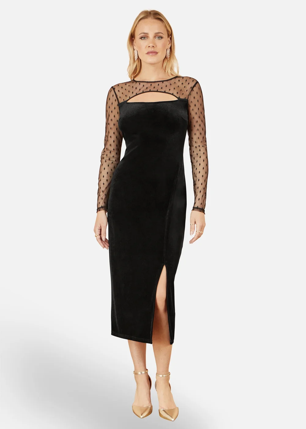 Yumi Black Velvet Midi Dress With Slash Neckline and Sheer Sleeves - 14 Image 1