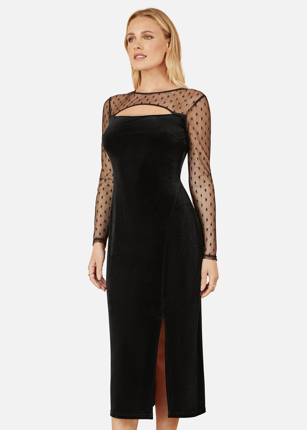 Yumi Black Velvet Midi Dress With Slash Neckline and Sheer Sleeves - 14 Image 2