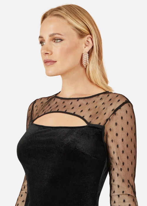 Yumi Black Velvet Midi Dress With Slash Neckline and Sheer Sleeves - 14 Image 3