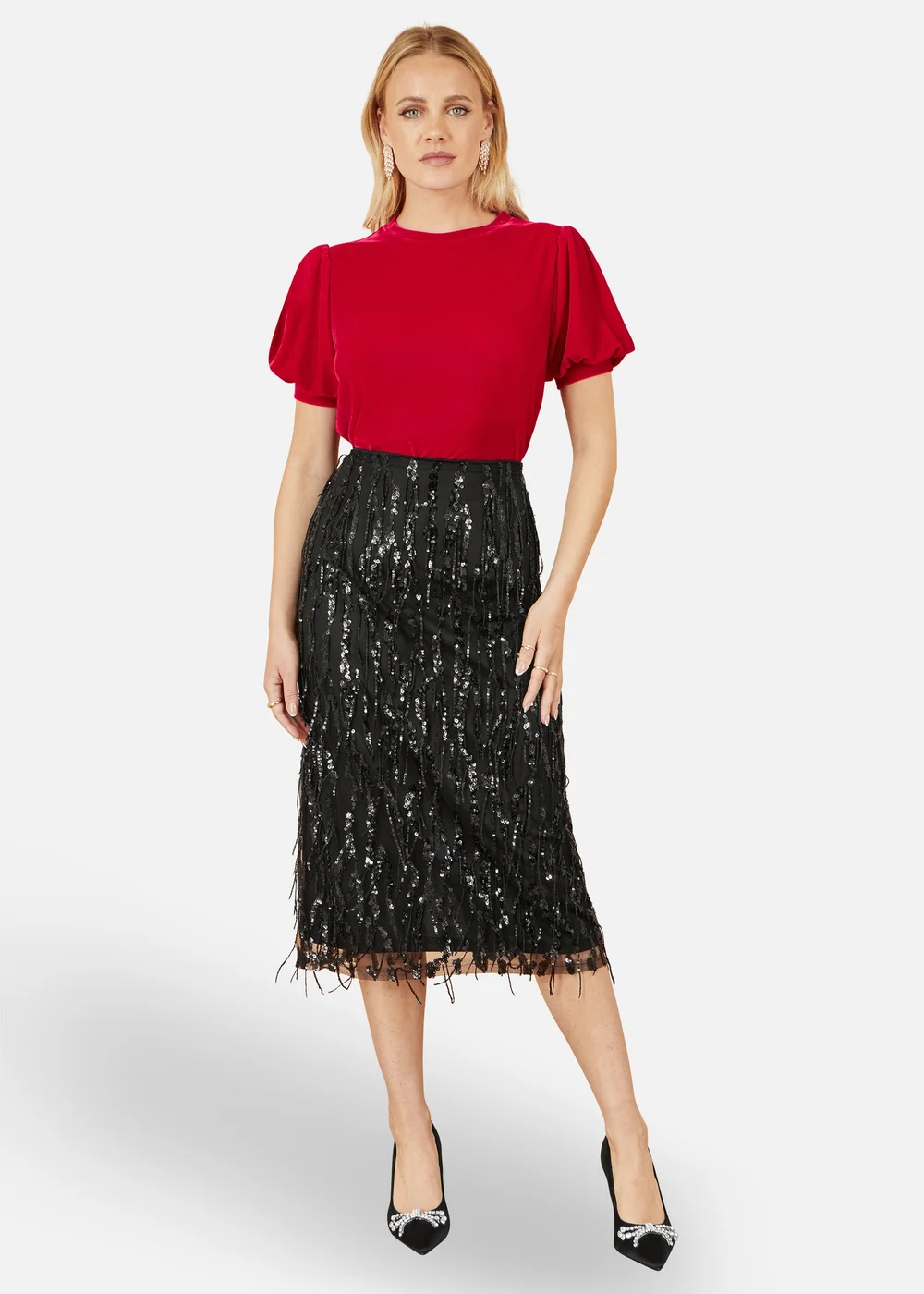 Yumi Red Velvet Puff Sleeve Top - Size 8 Image 1