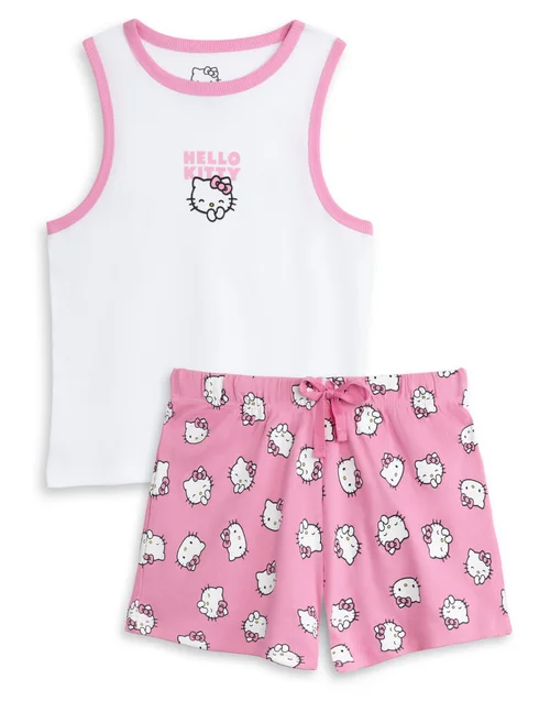 Vanilla Underground Hello Kitty Character Adults Vest & Shorts Pink PJs - Small Image 1