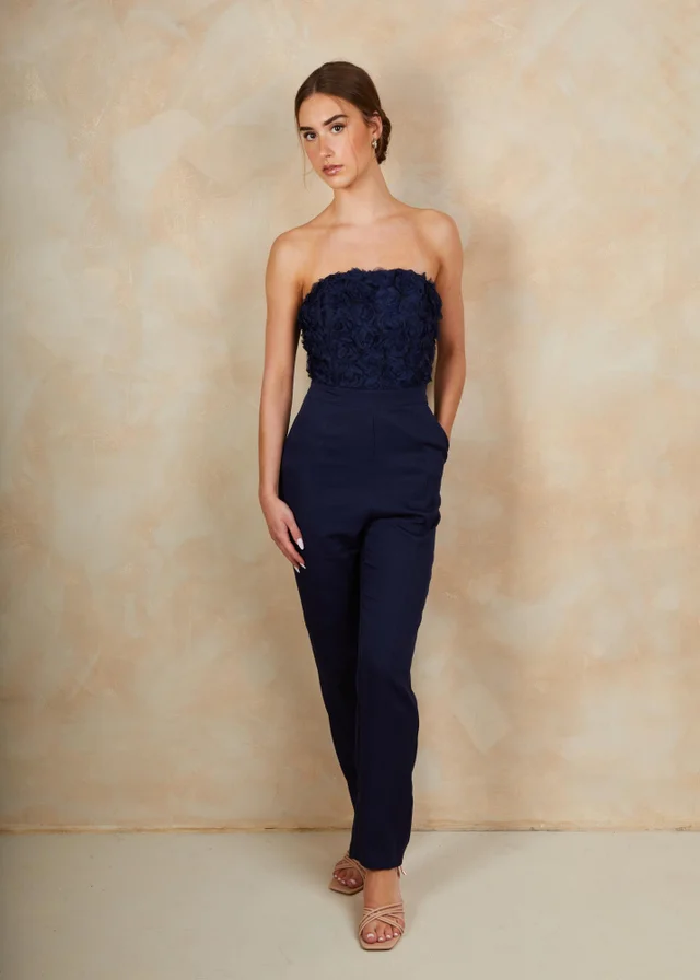 Chi Chi London Navy 3D Floral Bandeau Jumpsuit