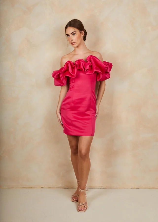 Chi Chi London Pink Ruffle Bardot Satin Mini Dress
