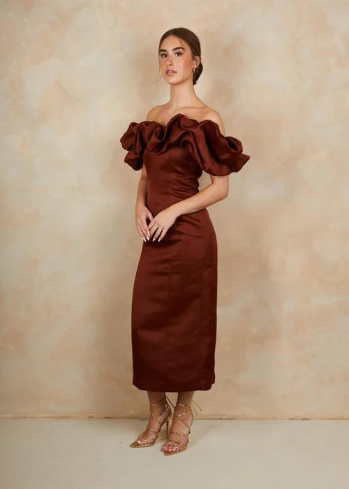 Chi Chi London Brown Ruffle Bardot Satin Midi Dress - 14 Image 3