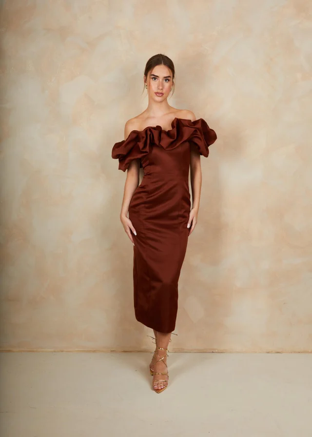 Chi Chi London Brown Ruffle Bardot Satin Midi Dress