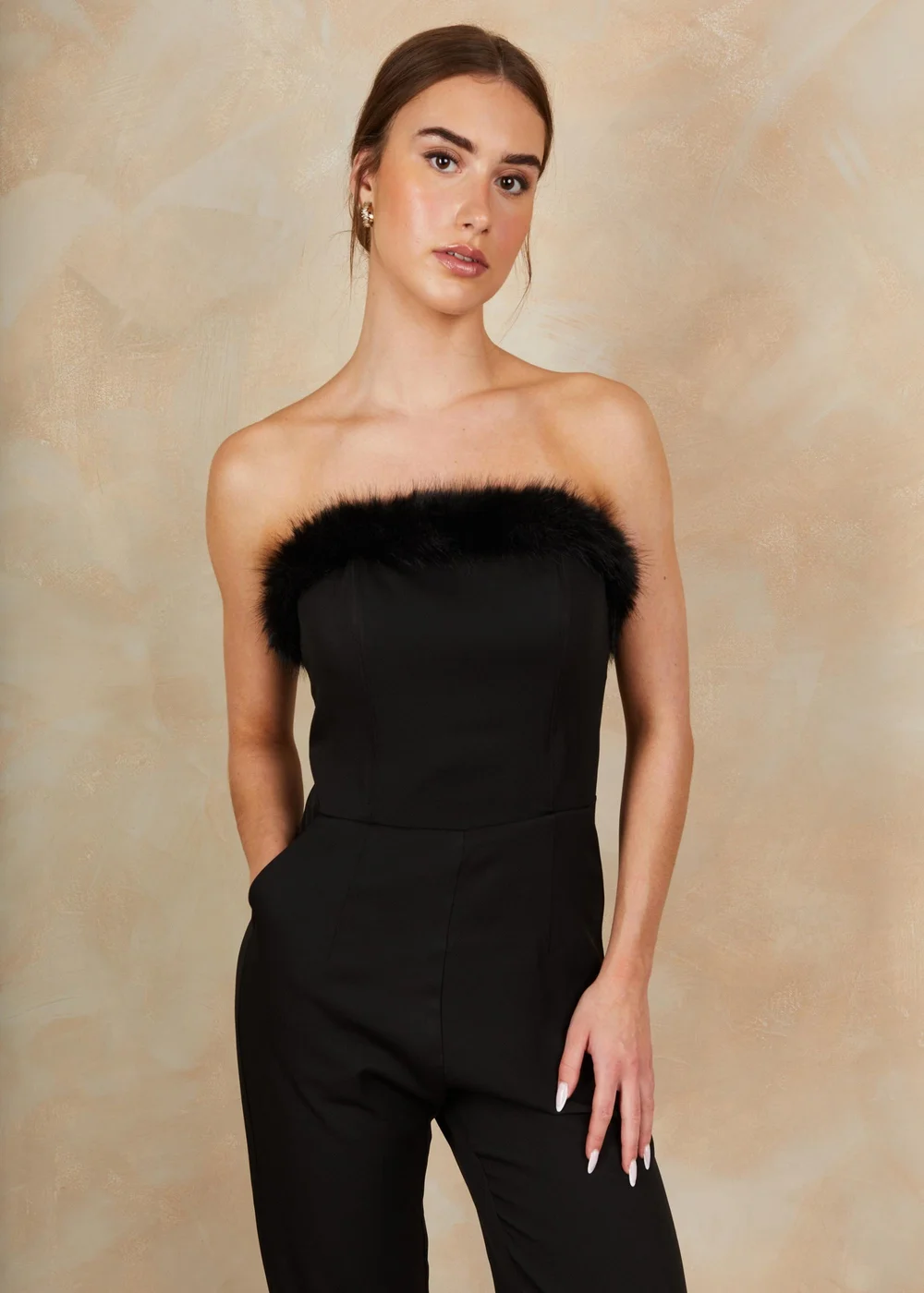 Chi Chi London Black Faux Feather Trim Bandeau Jumpsuit - Size 10 Image 2
