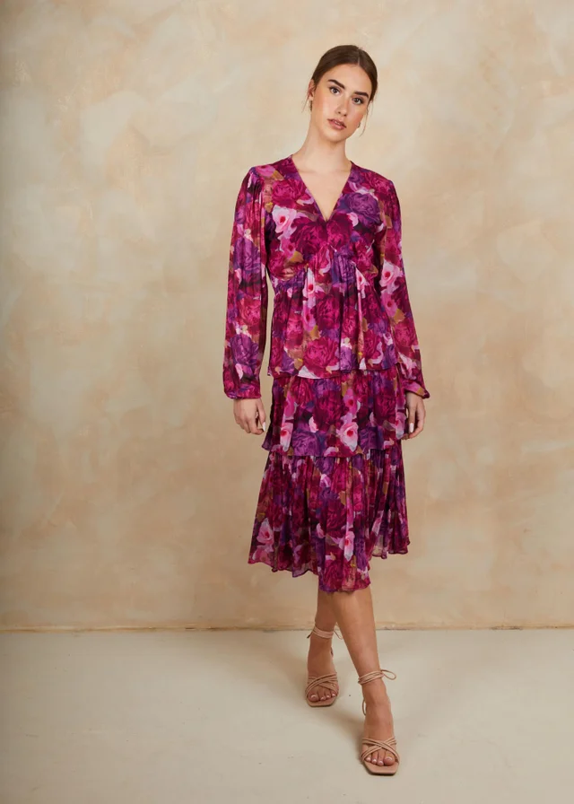 Chi Chi London Purple Long Sleeve Floral Printed Mesh Tiered Midi Dress