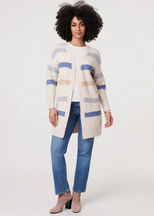 Izabel London Beige Striped V-Neck Longline Relaxed Cardigan - 10 Image 4