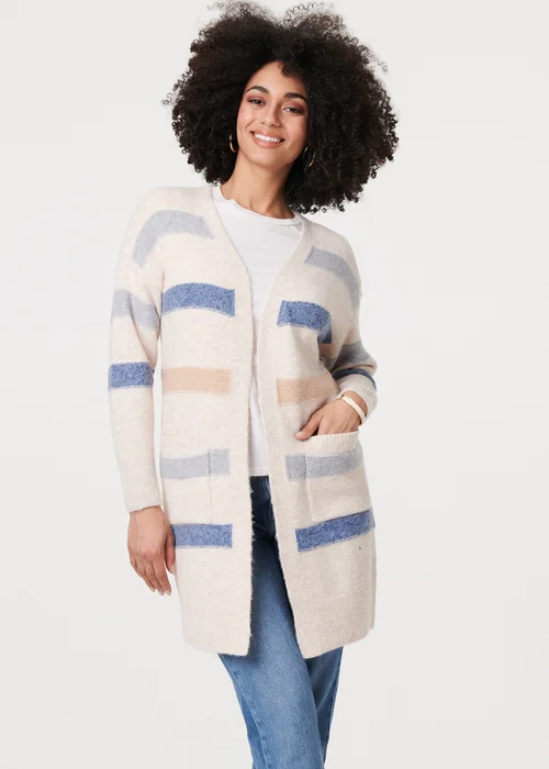 Izabel London Beige Striped V-Neck Longline Relaxed Cardigan - 10 Image 1