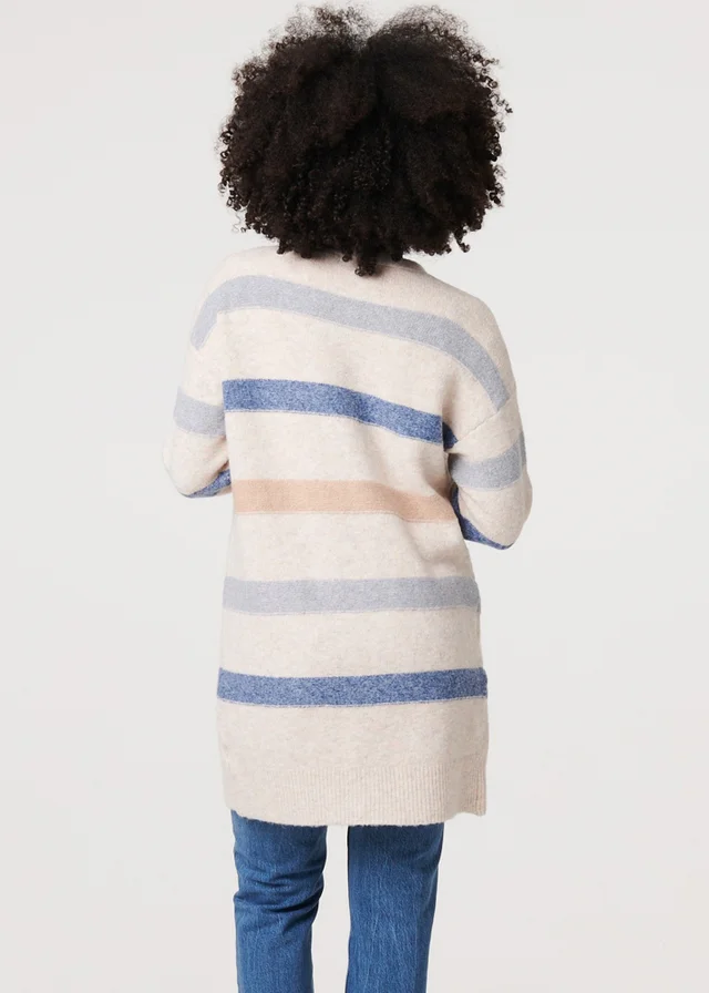 Izabel London Beige Striped V-Neck Longline Relaxed Cardigan