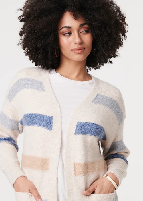 Izabel London Beige Striped V-Neck Longline Relaxed Cardigan - 10 Image 3