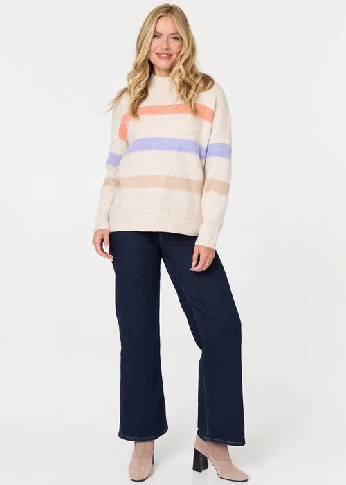 Izabel London Beige Striped High Neck Boxy Jumper - 18 Image 4
