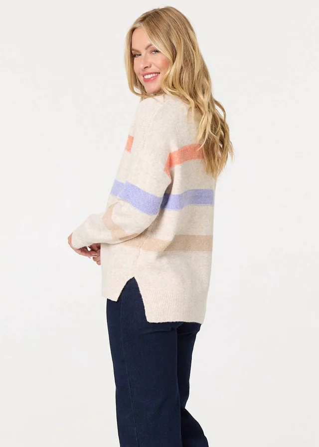 Izabel London Beige Striped High Neck Boxy Jumper
