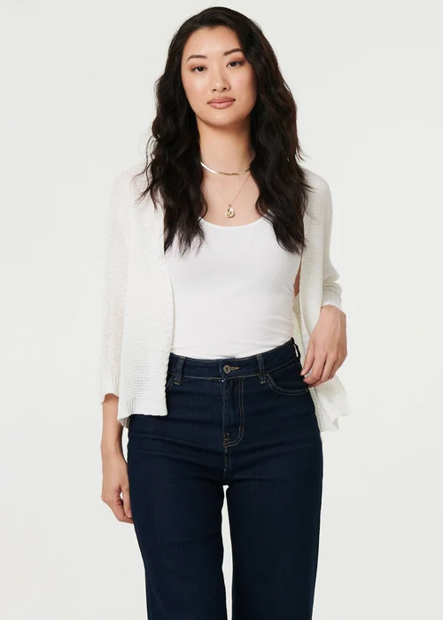 Izabel London White Mesh Cropped 3/4 Sleeve Open Cardigan - S/M Image 1