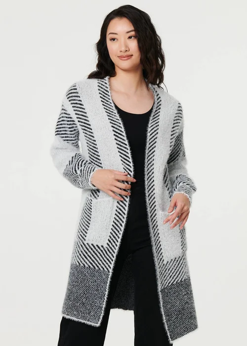 Izabel London White Striped Longline Relaxed Cardigan - S/M Image 1