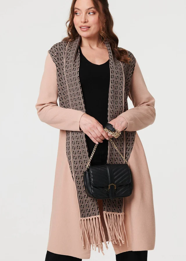 Izabel London Beige Printed Fringed Scarf Detail Long Jacket