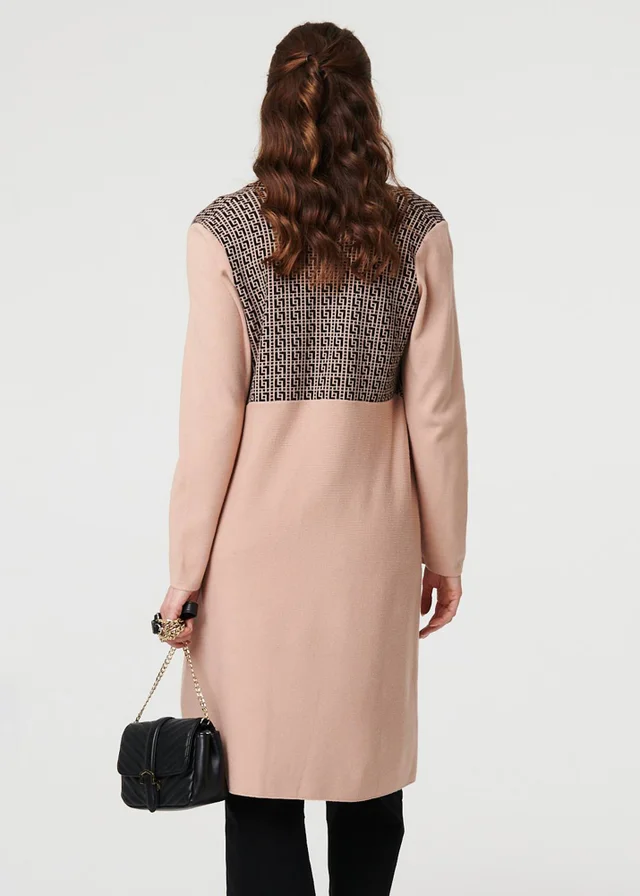 Izabel London Beige Printed Fringed Scarf Detail Long Jacket