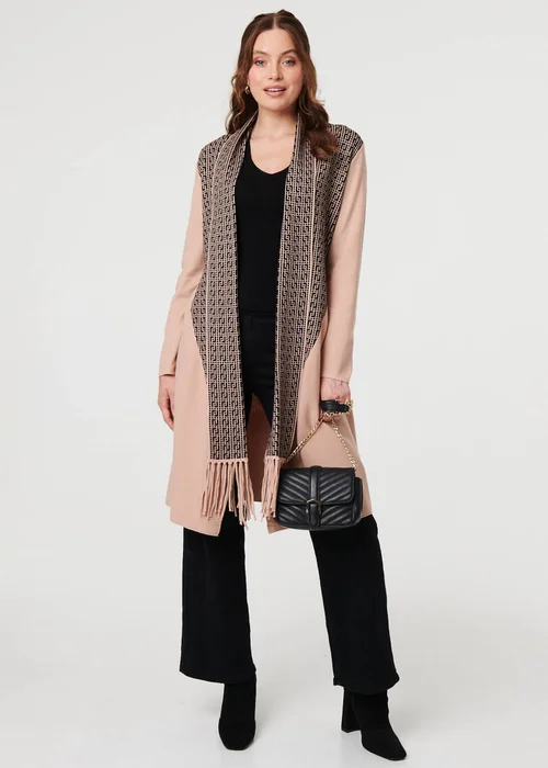 Izabel London Beige Printed Fringed Scarf Detail Long Jacket - S/M Image 4