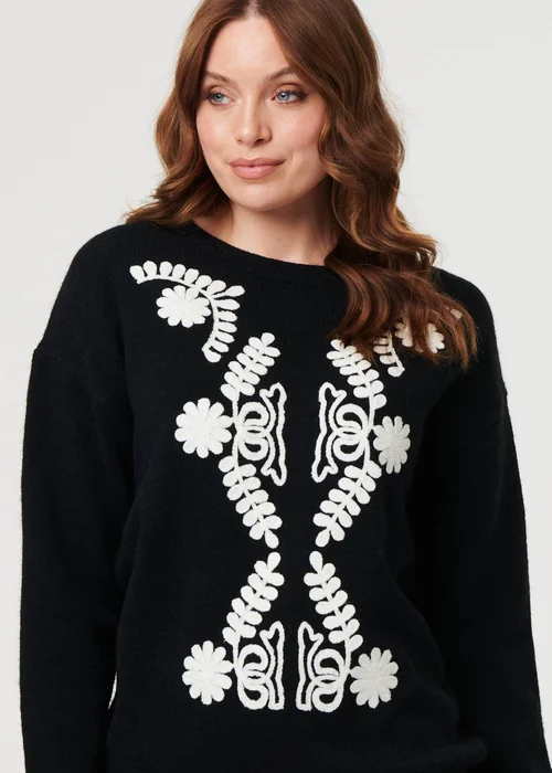 Izabel London Black Embroidered Print Drop Shoulder Jumper - 10 Image 3