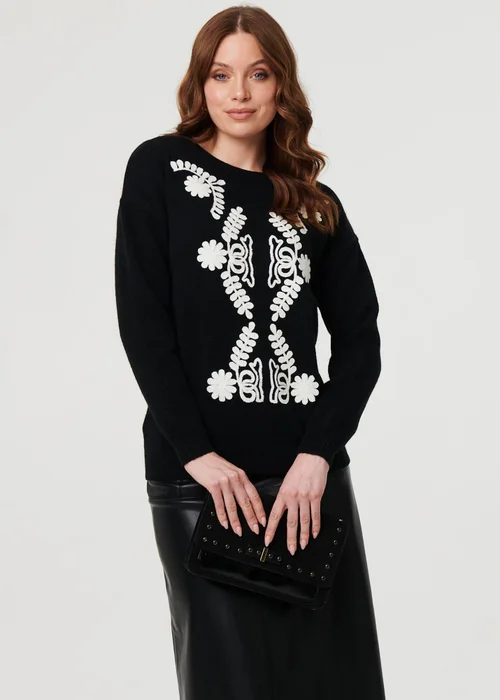 Izabel London Black Embroidered Print Drop Shoulder Jumper - 10 Image 1