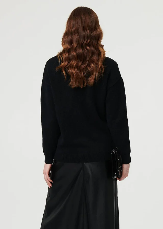 Izabel London Black Embroidered Print Drop Shoulder Jumper