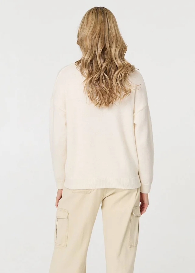 Izabel London Cream Embroidered Print Drop Shoulder Jumper