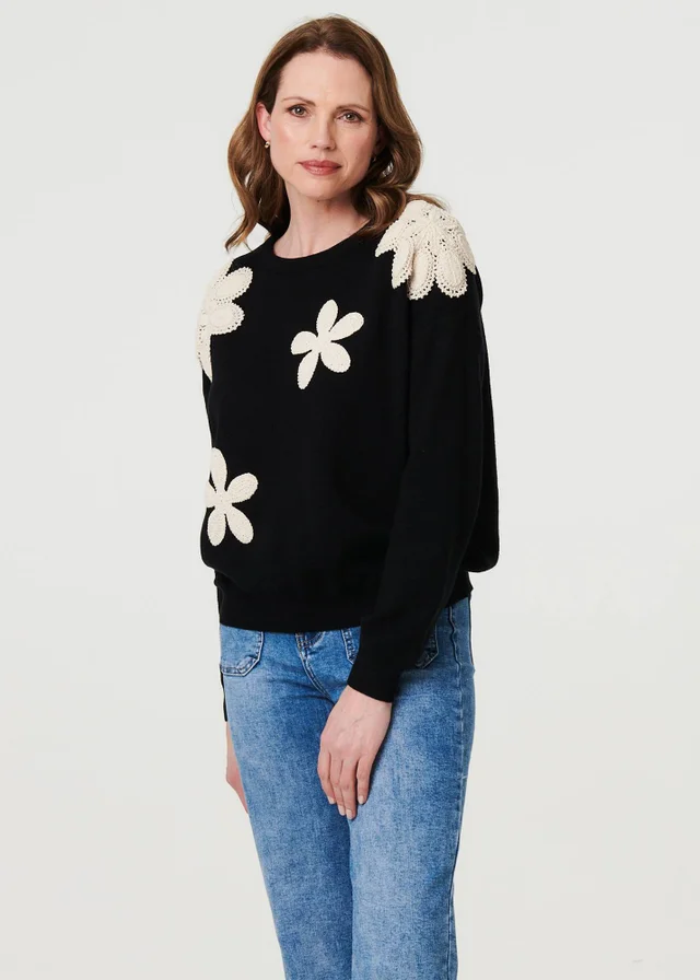 Izabel London Black Floral Embroidered Relaxed Knit Jumper