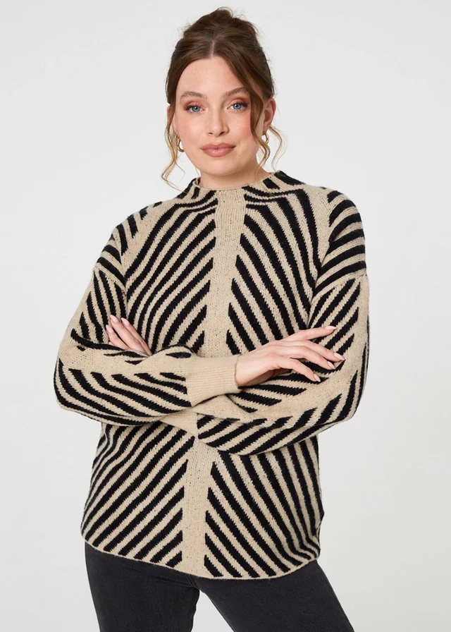 Izabel London Beige Striped High Neck Drop Shoulder Jumper
