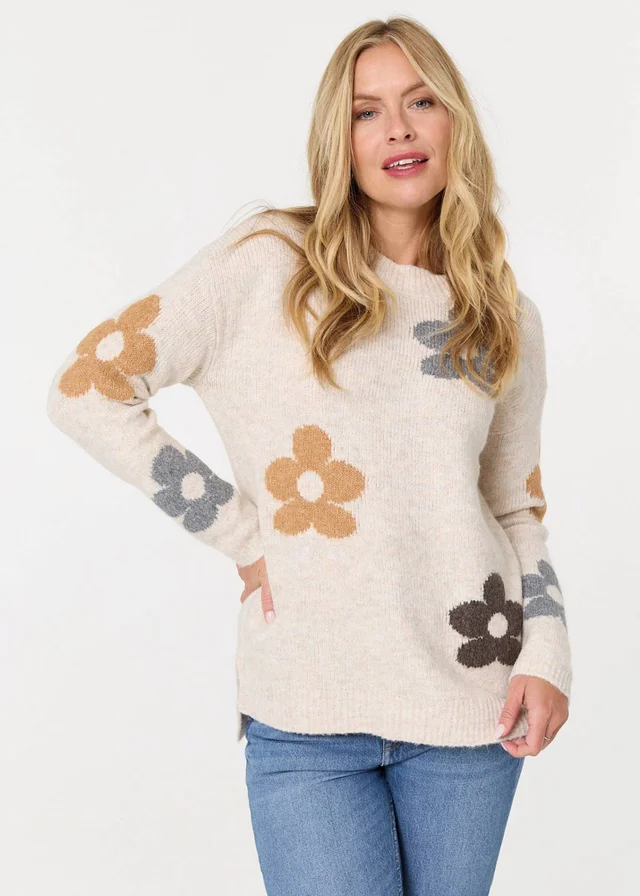 Izabel London Beige Floral Textured Knit Long Sleeve Jumper