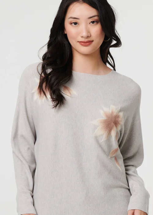 Izabel London Grey Floral Relaxed Batwing Sleeve Jumper - S/M Image 3