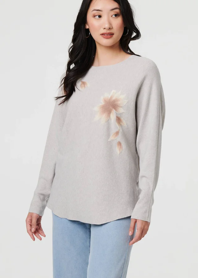 Izabel London Grey Floral Relaxed Batwing Sleeve Jumper