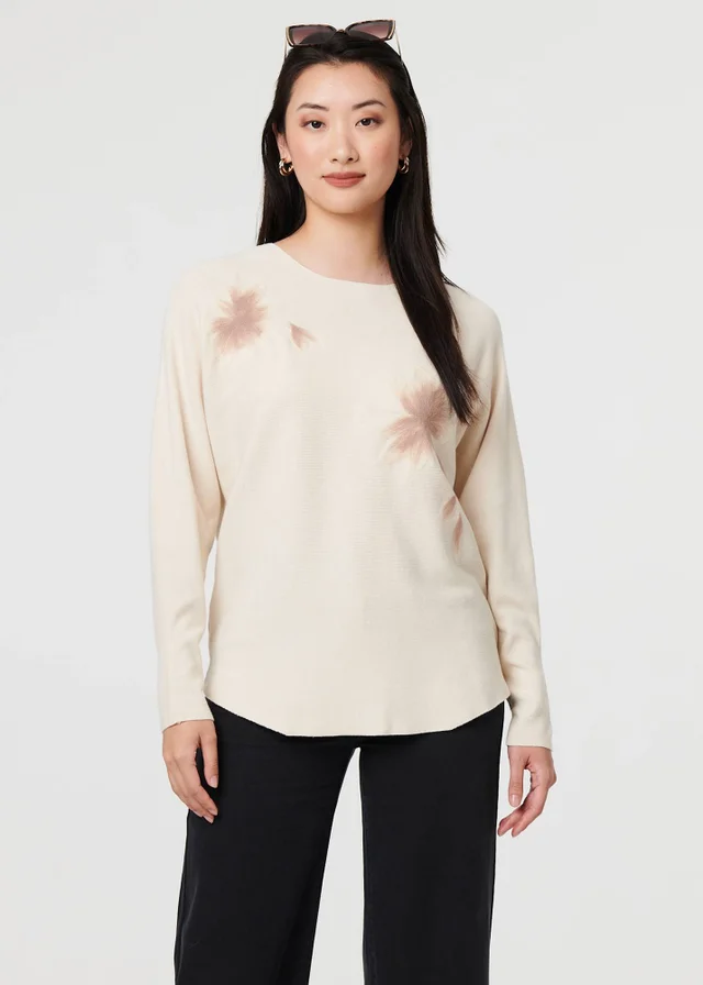 Izabel London Beige Floral Relaxed Batwing Sleeve Jumper