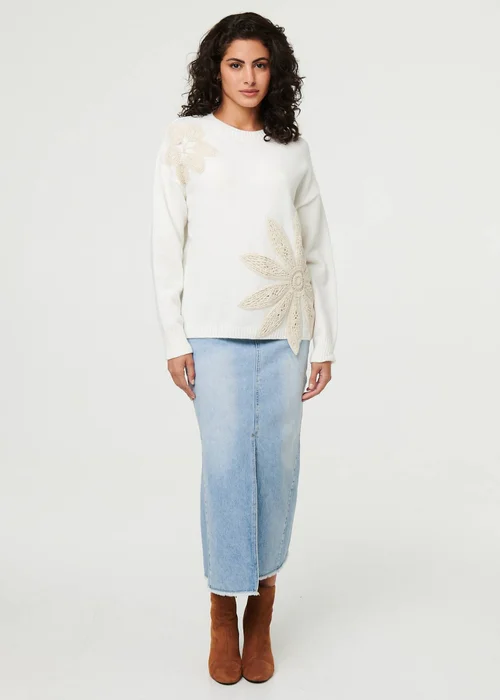 Izabel London White Floral Long Sleeve Embroidered Jumper - M Image 4