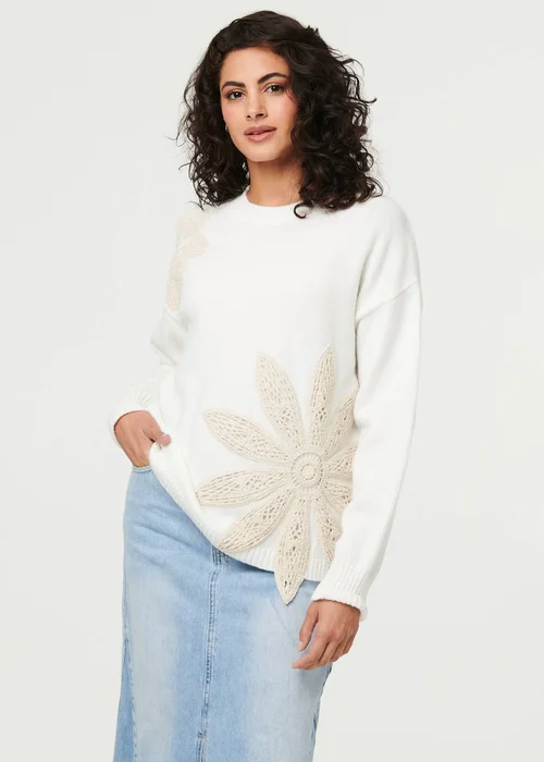 Izabel London White Floral Long Sleeve Embroidered Jumper - M Image 1