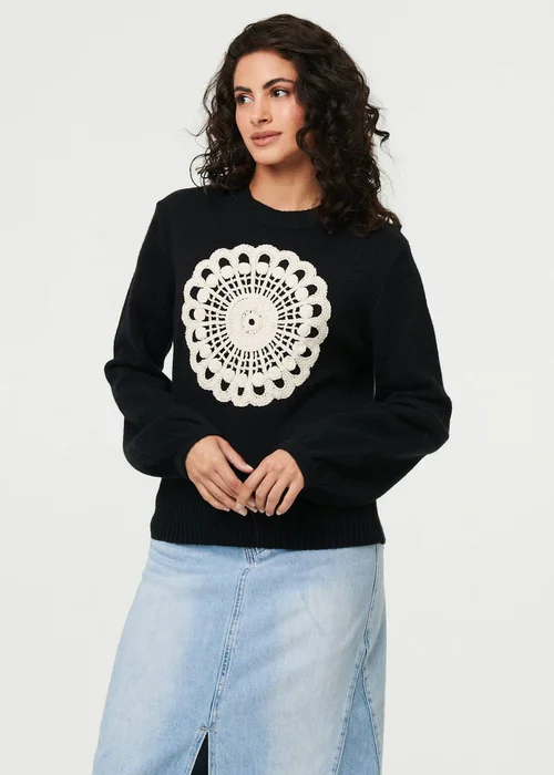 Izabel London Black Embroidered Detail Long Sleeve Jumper - M Image 1