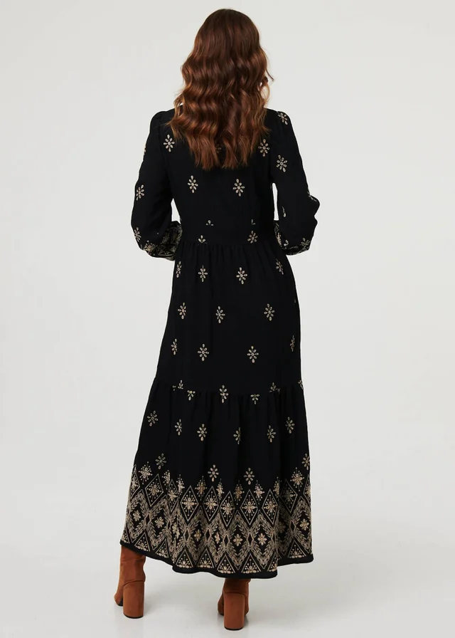 Izabel London Black Border Print Long Sleeve Maxi Dress