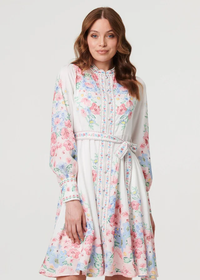 Izabel London White Floral Border Print Short Skater Dress