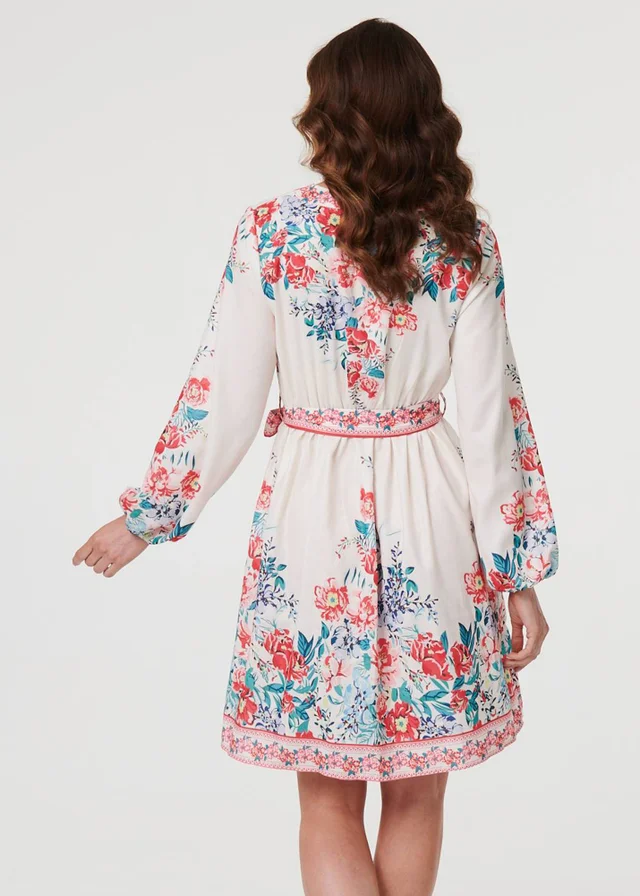 Izabel London Red Floral Tie Waist Long Sleeve Short Dress