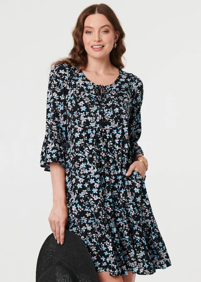 Izabel London Black Ditsy Floral Flare Sleeve Short Dress