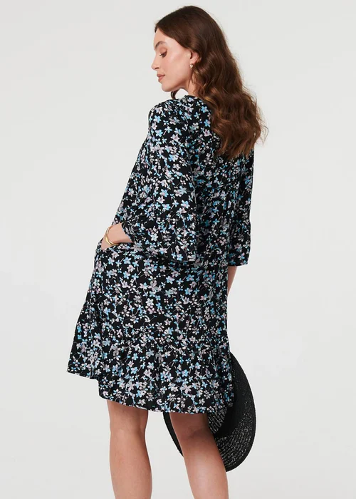 Izabel London Black Ditsy Floral Flare Sleeve Short Dress - 18 Image 2