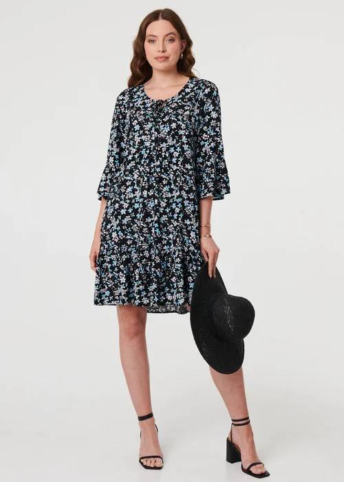 Izabel London Black Ditsy Floral Flare Sleeve Short Dress - 18 Image 4