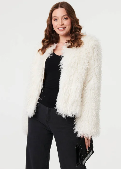 Izabel London Ivory Faux Fur Textured Cropped Jacket - 10 Image 3