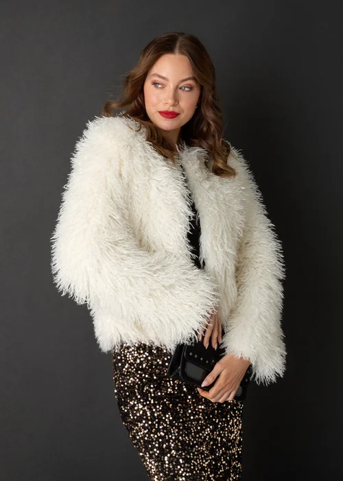 Izabel London Ivory Faux Fur Textured Cropped Jacket - 10 Image 1