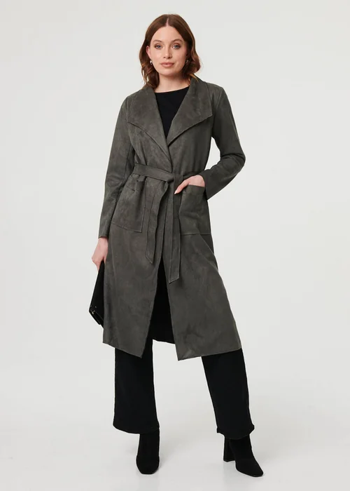 Izabel London Olive Suedette Tie Waist Longline Trench Coat - 16 Image 4